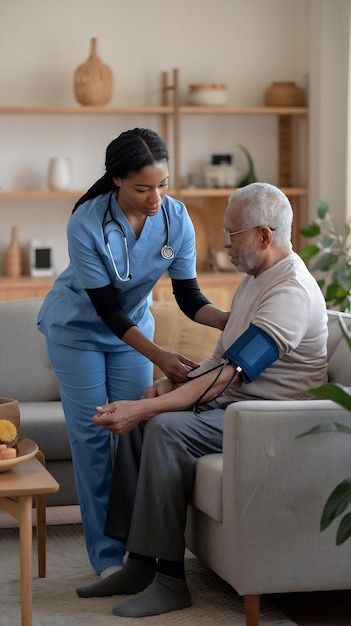Caregiver supporting an elderly person during a health check